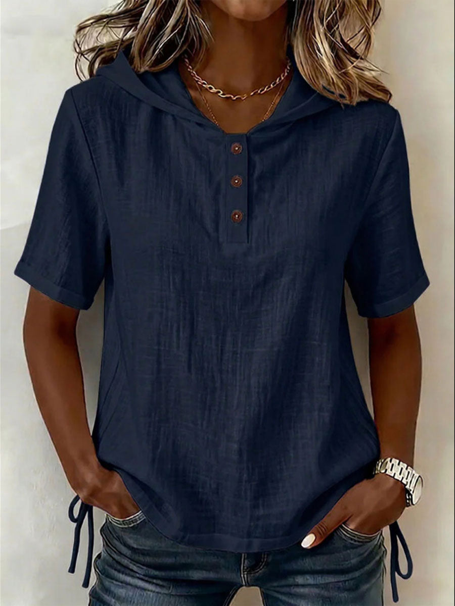 Women's Retro Loose-fit V-neck Hooded T-shirt — Solid Color Casual Short Sleeve