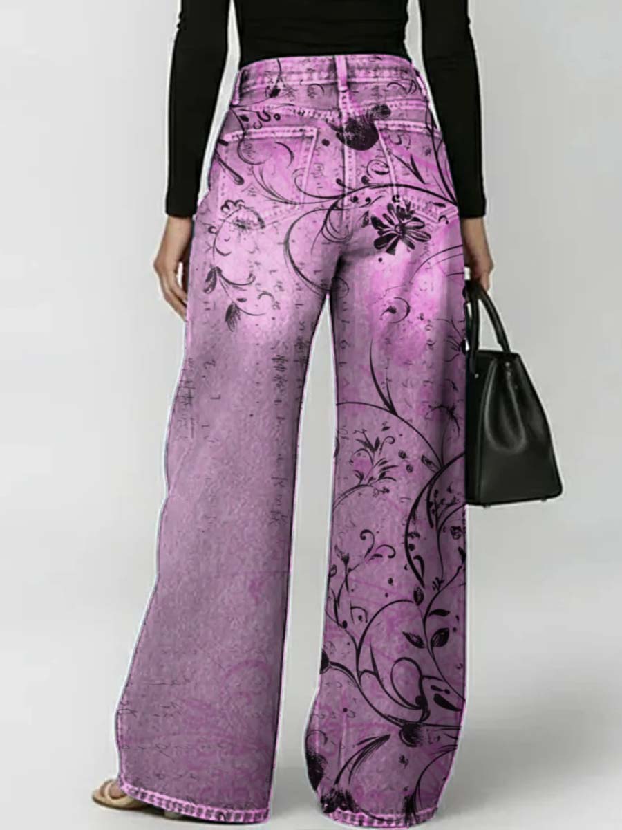 Women's Retro Floral Art Print Casual Stylish Hollow Denim Pants