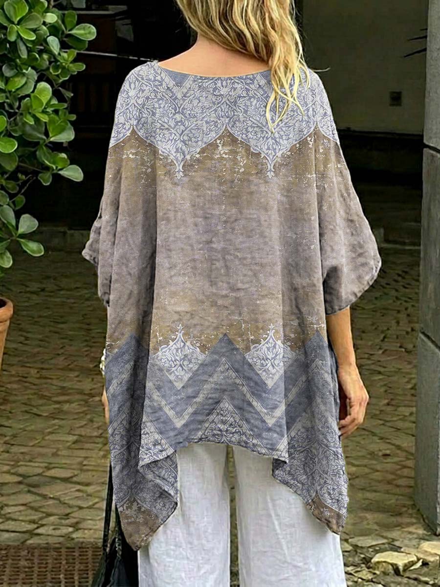 Women's Retro Art Print Casual Cotton Long Shirt