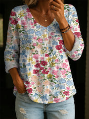 Women's Vintage Floral Art Print Linen-cotton Shirt