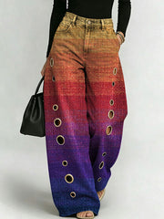 Women's Retro Gradient Pattern Printed Stylish Cutout Casual Denim Jeans