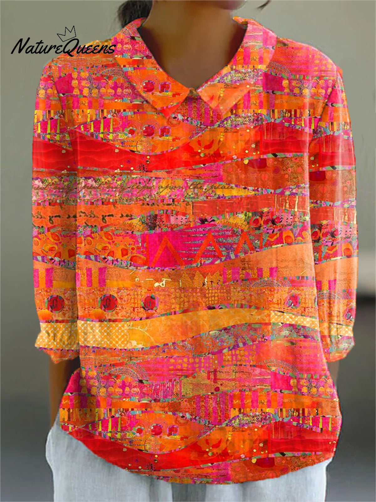 Women's VintageArt Print Casual Cotton And Linen 3/4 Sleeve Shirt