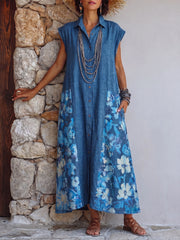 Vacation-style Retro Floral Patchwork Cotton-linen Midi Dress