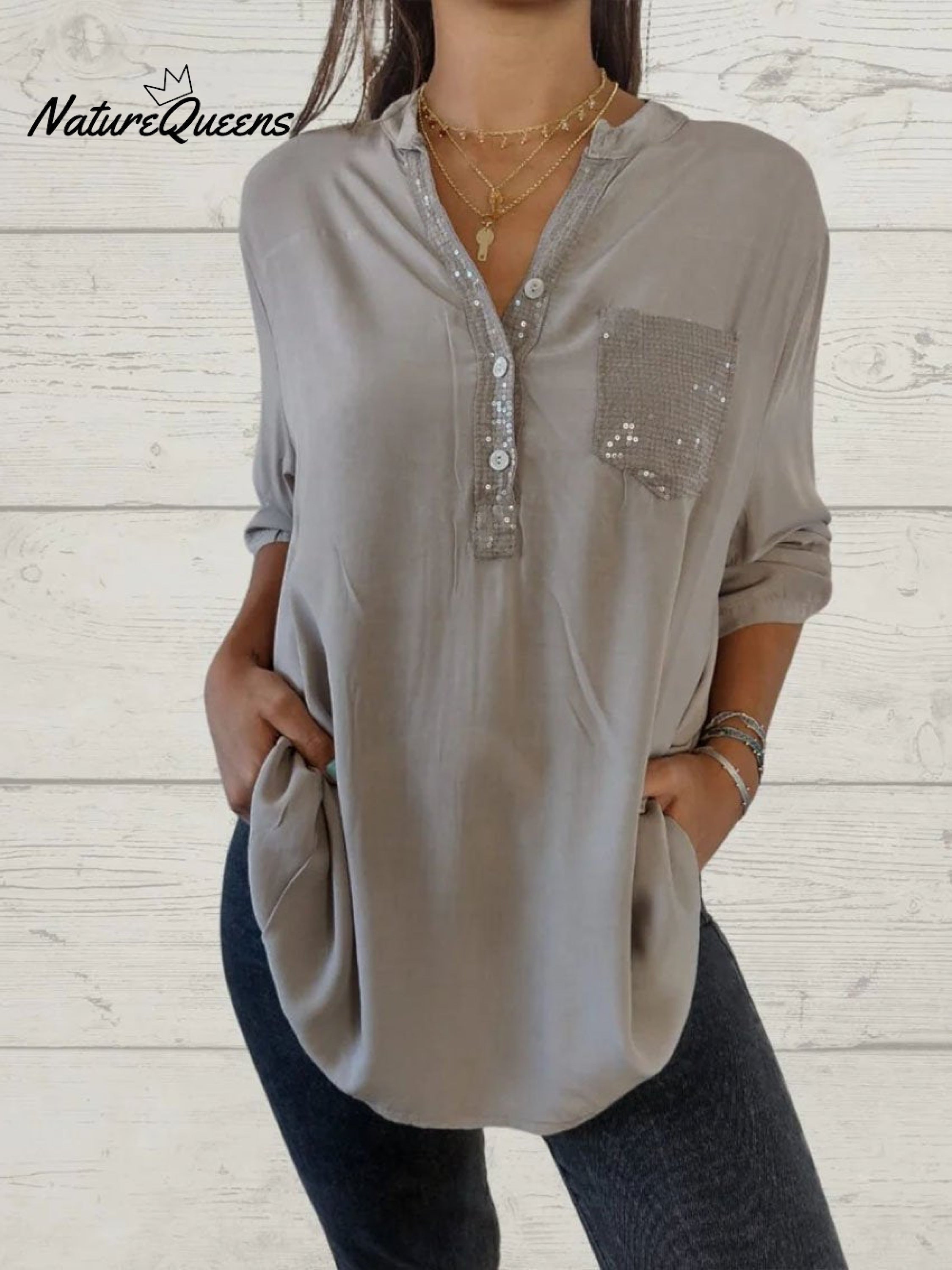 Women's Casual Sequin Patchwork Shirt