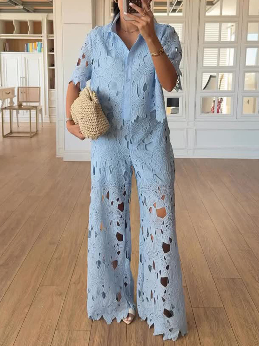 Stylish Casual Two-piece Set: Lace-embroidered Top And Pants