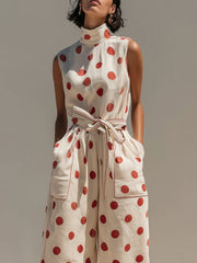 Polka-dot Sleeveless High-neck Cropped Wide-leg Jumpsuit