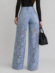 Lace Cut-out Wide-leg Denim Jeans