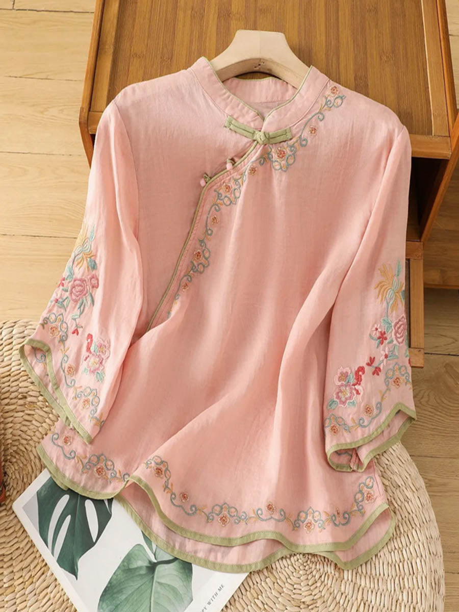 Women's Stand-collar 3/4-sleeve Casual Loose Cotton-linen Embroidered Top