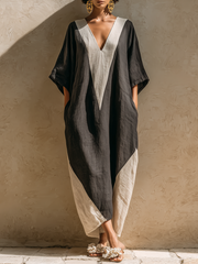 Color-block Linen-blend Loose Maxi Robe Dress