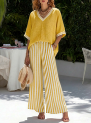 Casual Two-piece Set: Striped Linen & Cotton Patchwork Top And Striped Trousers— Look Put Together in 5 Seconds