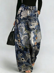 Retro Distressed "blues" Contour Camouflage Print Wide-leg Pants — High-waisted, Slimming, Side-slit Straight-leg Jeans
