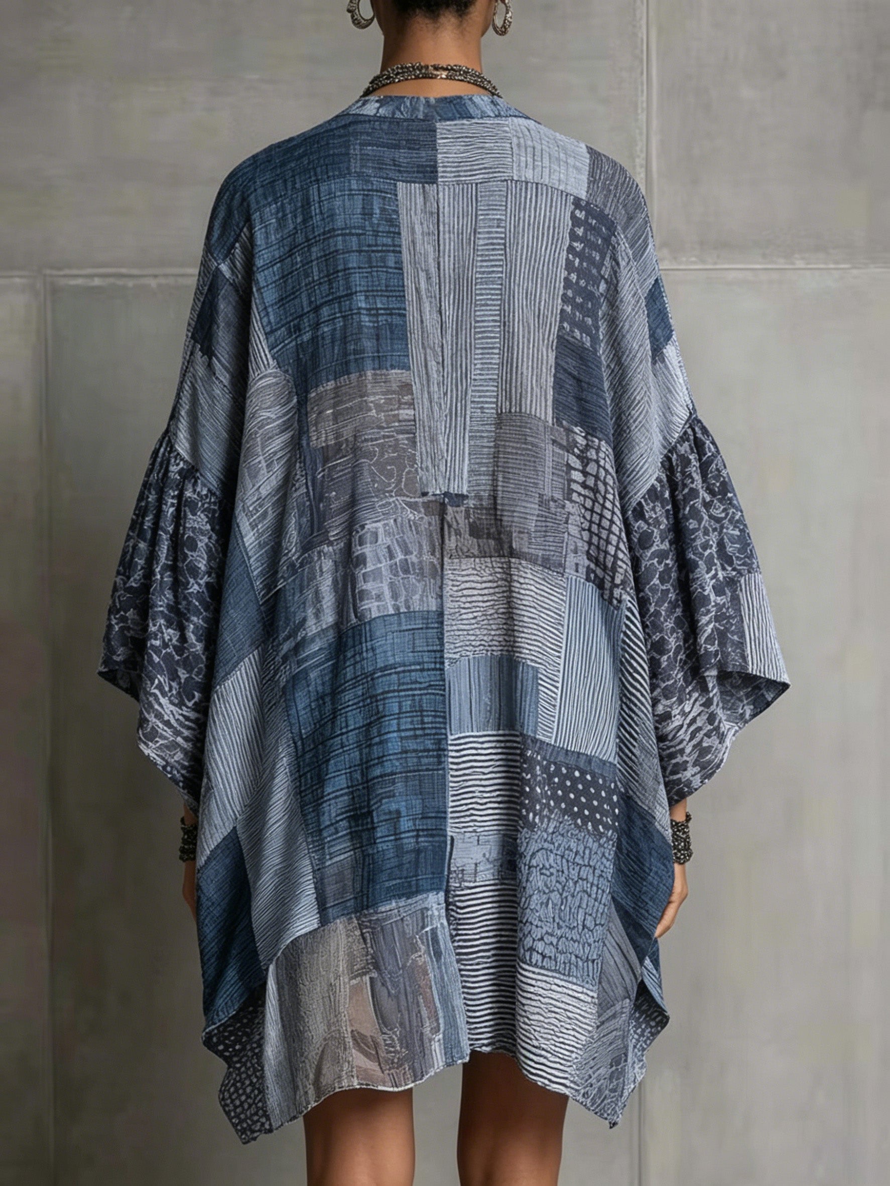 Blue Patchwork Print Sheer Kaftan Tunic Dress