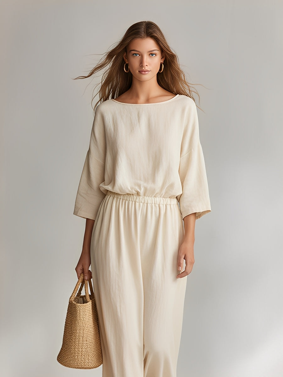 Women's Ivory Cotton Set With Boat Neck & Elastic Waist, Timeless Minimalist-Casual Style Set MDZ2062A3I