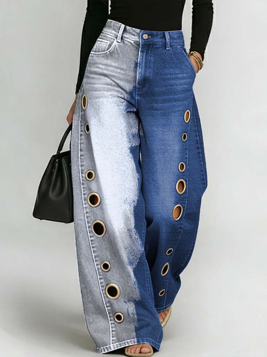 Women's Retro Art Print Casual Stylish Hollow Denim Pants