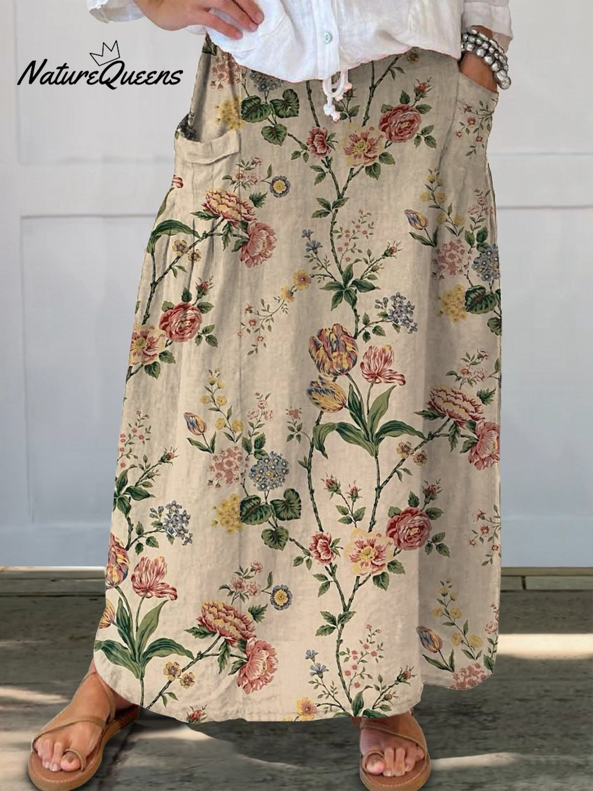 Vintage Floral Pattern Women's Linen Pocket Skirt