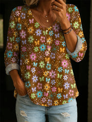 Women's Vintage Floral Art Print Linen-cotton Shirt
