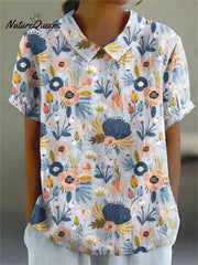 Women'sFlowerArt Print Casual Cotton And Linen Shirt