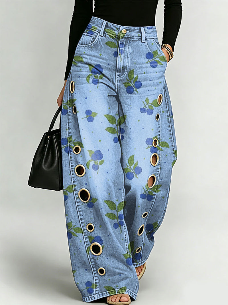 Blueberry Decorative Pattern Women's Casual Cotton Denim Pants