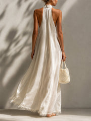 Casual Sleeveless Linen And Cotton Dress With Fringes
