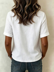 Women's Round Neck Button-front Casual Style Short-sleeve Cotton-linen Top