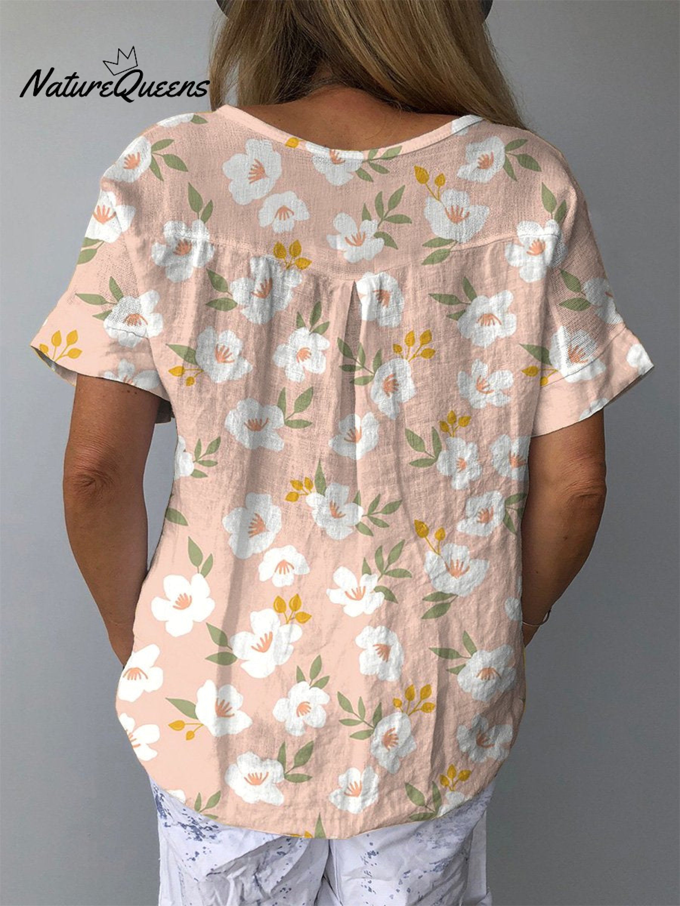 Sweet Spring White Floral Repeat Pattern Printed Women's Casual Cotton And Linen Shirt