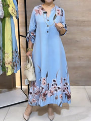 Women's V-neck Long-sleeve Casual Loose Cotton-linen Dress With Placement Print
