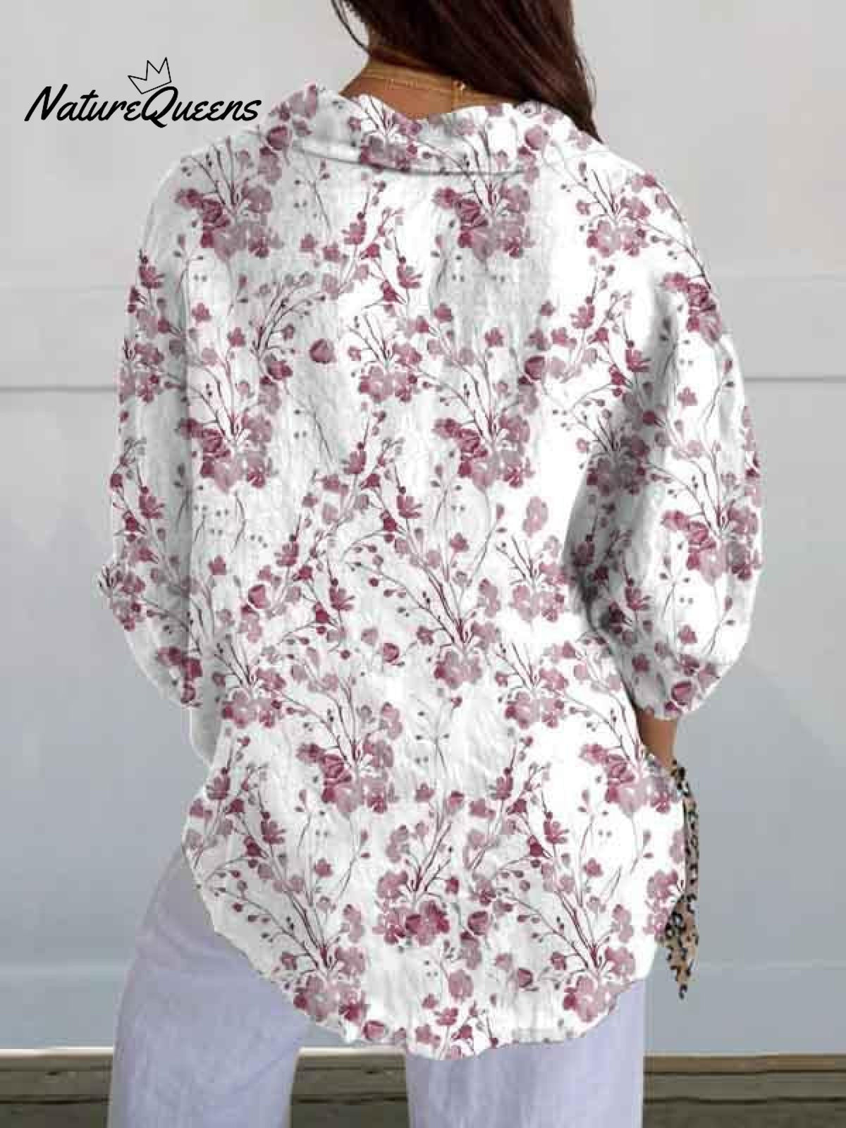 Women's Purple Watercolor Small Floral Print Casual Linen V-neck Shirt