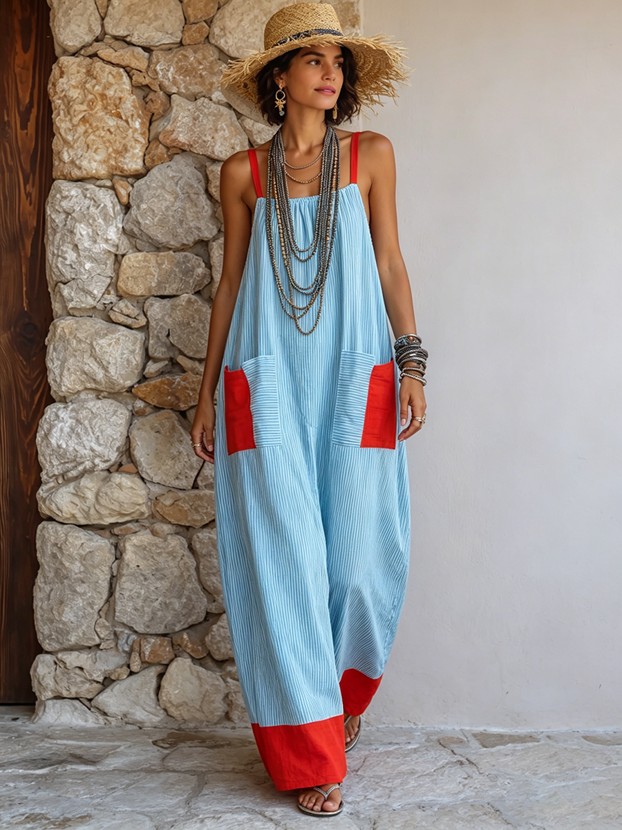 Vacation-style Color-block Striped Cotton-linen Maxi Dress