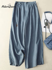 Women's Literary Solid Color Cotton and Linen Wide-leg Pants Cropped Pants
