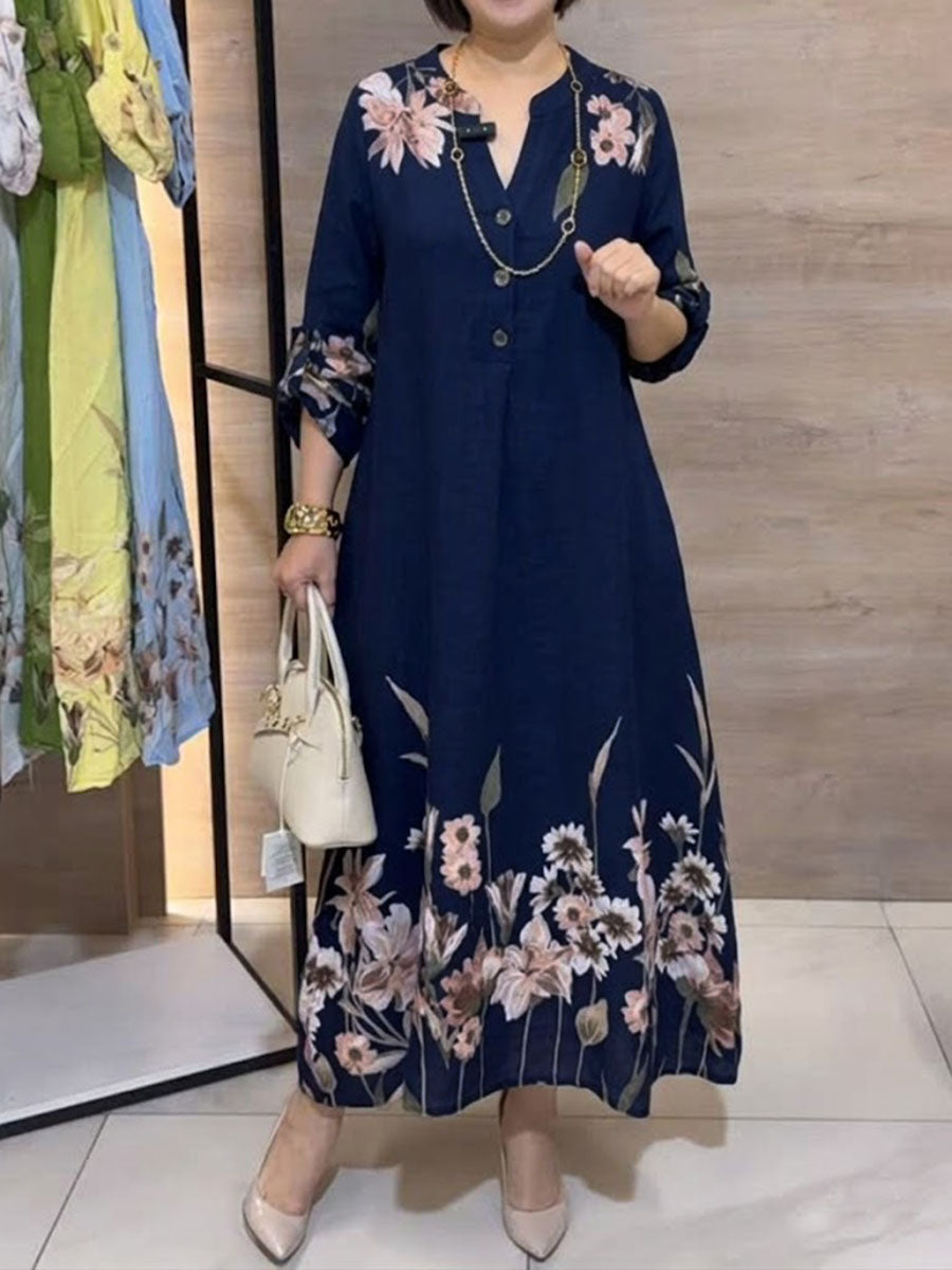 Women's V-neck Long-sleeve Casual Loose Cotton-linen Dress With Placement Print