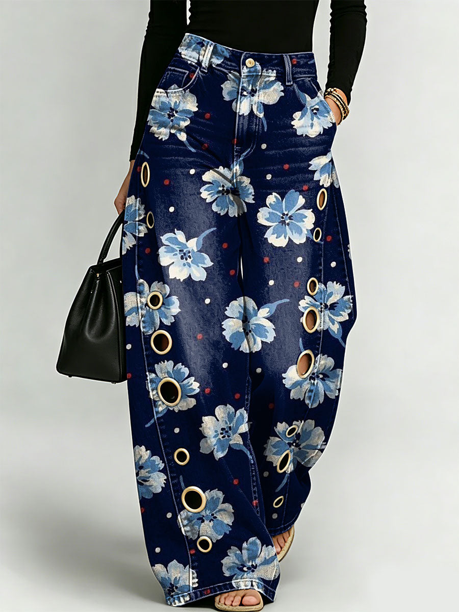 Elegant Floral Decorative Patterns Women's Casual Cotton Denim Pants