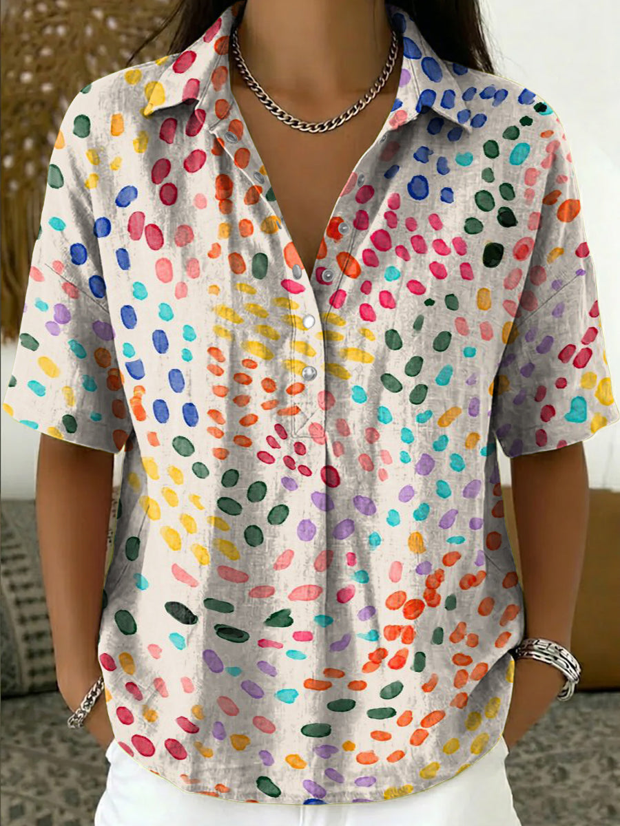 Women's Retro Colorful Polka Dot Print Casual Short-sleeve Linen-cotton Shirt With Polo Collar