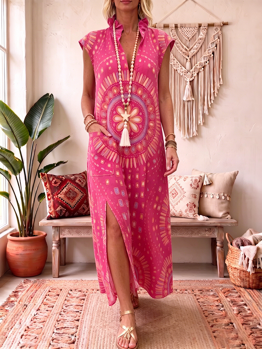 Bohemian Floral Print Cotton-linen Dress