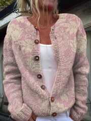 Women's Lovely Floral Art Print Buttoned Cardigan Sweater