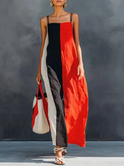Women's Sleeveless Casual Loose-fit Cotton-linen Sundress With Contrast Print