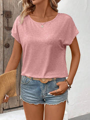 Women's Solid-color Round-neck Short-sleeve Top — Casual Loose-fit With Lace Splicing