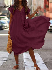 Temperament Cotton and Linen Loose V-neck Women's Dress