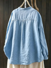 Loose-fit Cotton-linen Shirt With Stand Collar And Curved Placket