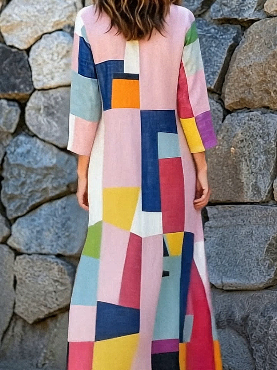 Women's Geometric Pattern Art Stylish Cotton Linen Maxi Dress