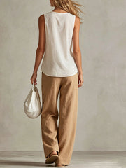 Women's Casual Cotton-linen Set: Loose-fit V-neck Sleeveless Top & High-waisted Wide-leg Pants