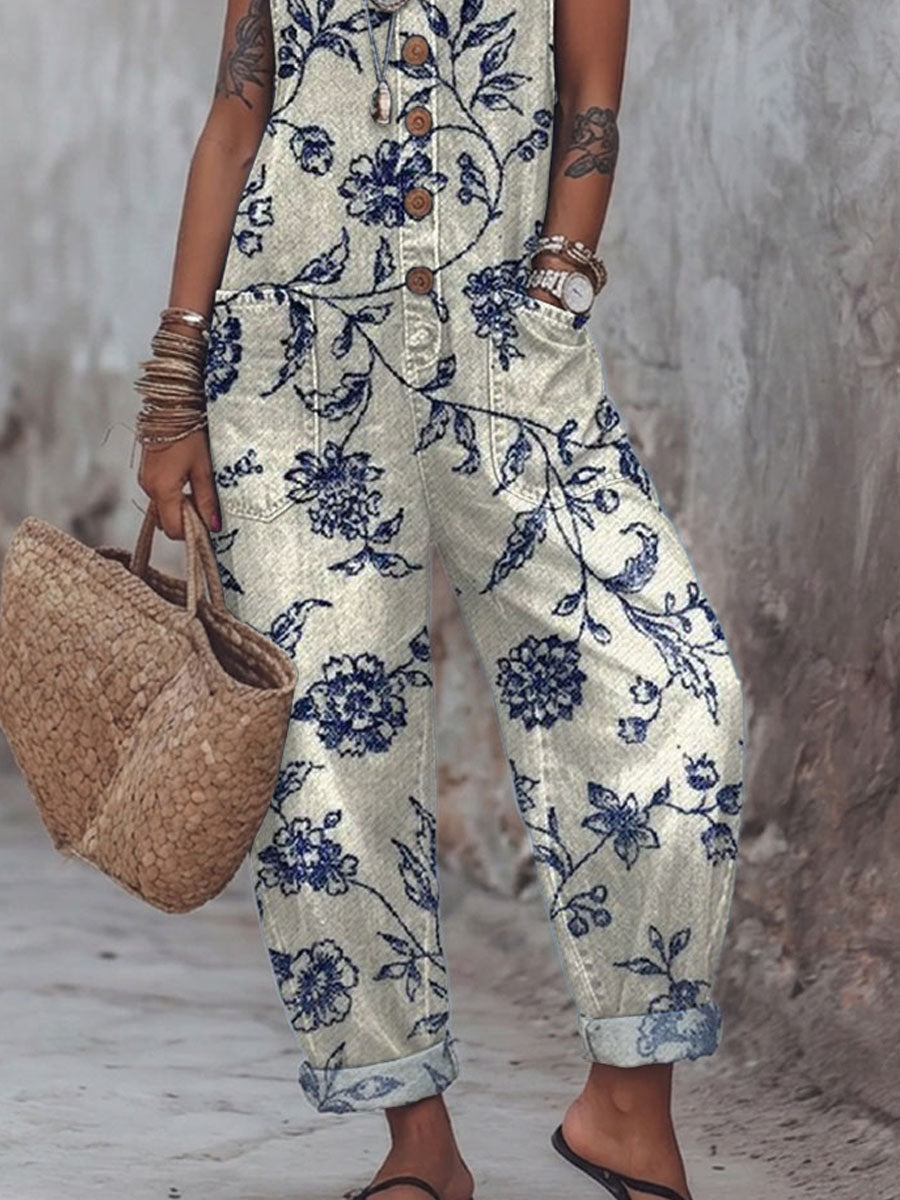 Women's Vintage Flower Art Print Casual Jumpsuit