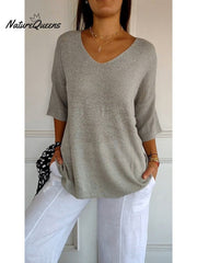 Women's Solid Color Knitted 3/4 Sleeve V-neck Top