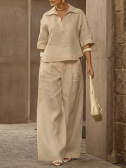 Women's Casual Linen And Cotton Shirt And Wide-leg Pants Two-piece Set