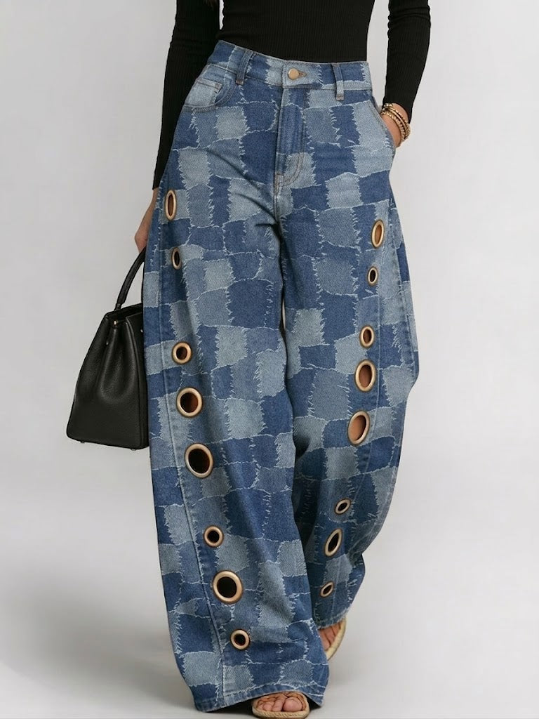 Women's Retro Patchwork Art Print Casual & Stylish Distressed Jeans