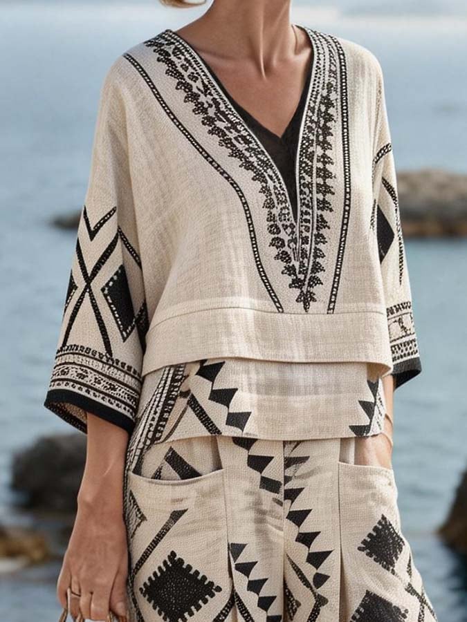 Women'S Casual V-Neck Printed Wide-Leg Pants Set