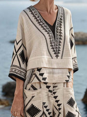 Women'S Casual V-Neck Printed Wide-Leg Pants Set
