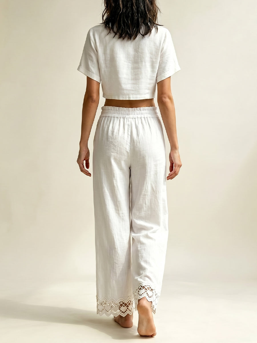 Women's V-neck Short-sleeve Top And Lace-trimmed Pants Set