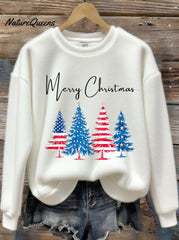 Women's Patriotic Christmas Tree With American Flag Colors Print Round Neck Sweatshirt