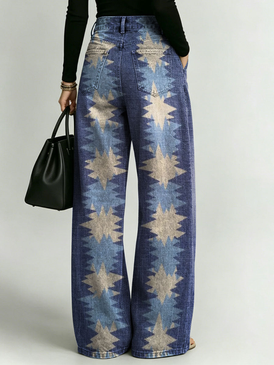 Women's Retro Geometric Patterns Printed Stylish Cutout Casual Denim Jeans