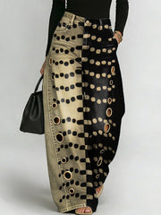 Women's Vintage Geometric Art Print Casual Fashion Cutout Jeans